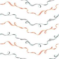 Curly satin ribbons in trendy pastel colors peach fuzz and turquoise in a vintage style. Hand drawn watercolor illustration. Seamless pattern, repeating ornament on a white background vector