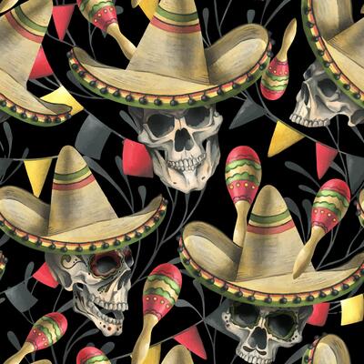Human skulls in a sombrero hat, maracas, garland flags, branches. Hand drawn watercolor illustration for day of the dead, halloween, Dia de los muertos. Seamless pattern on black background.