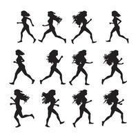 Set of Girl Run Cycle Animation Sprite Sheet jogging silhouette white background vector