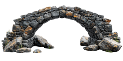 Ancient stone arch bridge ruins isolated on transparent background, showcasing historic architecture and old masonry craftsmanship. png