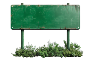 A weathered, empty green sign with bolts at the corners standing on a pole, isolated on a transparent background. png