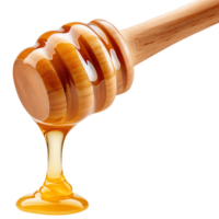Dripping honey from a wooden dipper, isolated on a transparent background. Sweet and natural honey flowing smoothly from the dipper. png