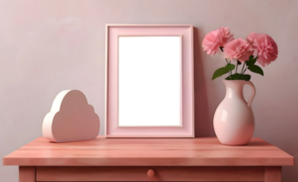 mockup with vertical pink empty photo frame and ceramic vase with flowers. objects stand on light wooden table against beige wall. cute decor of modern minimalist interior in pastel colours png