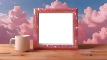 vertical pink shiny empty photo frame mockup. glamour home decor objects stand on light table against pink clouds. dreamy delicate frame png