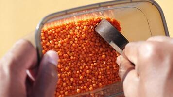 A Detailed CloseUp of Bright and Vibrant Orange Lentils Piled Inside a Clear Container video
