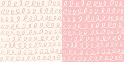 Set of two hand drawn square patterns, chaotic spirals and swirls in pink. Pastel colors, pencil textured lines, sketch. vector