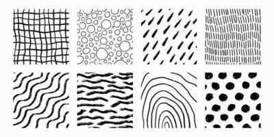 Set of hand drawn patterns with different pencil textures. scribbles, crosshatch, dots and rain, stripes, organic shapes. Black ink doodle isolated on white background. vector