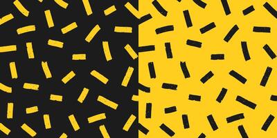 Set of two hand drawn square patterns, chaotic textured scratches on black and yellow background. Pencil textured strokes and dots, rain, sketch. vector
