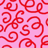 Playful hand drawn pattern, crooked red squiggles. Chaotic ink textured lines on pink background, doodle swirls, wavy strokes, crosshatch. Sketch illustration. vector