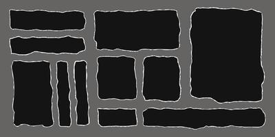Set of black torn rectangular paper sheets with jagged edges. Ripped elements of different shapes. Empty space for text, banner template. vector