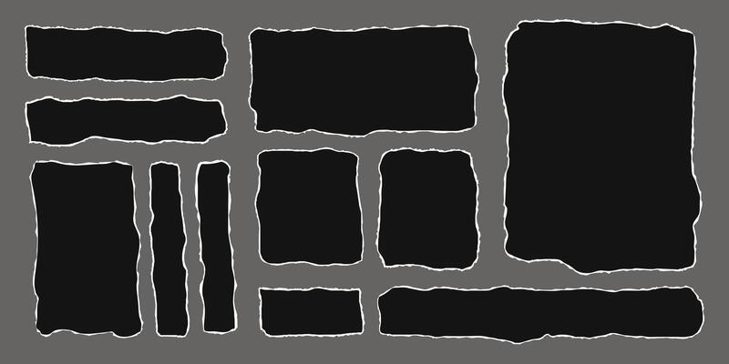 Set of black torn rectangular paper sheets with jagged edges. Ripped elements of different shapes. Empty space for text, banner template.