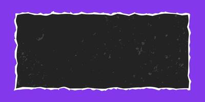 Black rectangular frame with vintage gritty texture, element with jagged edges isolated on purple background. Old torn ripped paper, banner template. vector