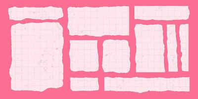 Set of pink torn rectangular sheets of aged checkered paper with jagged edges. Ripped elements of different shapes with gritty texture. Empty space for text, banner template. vector