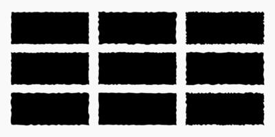 Set of black frames, torn paper shape, rectangles with jagged edges isolated on white background. Template for text, banner. vector