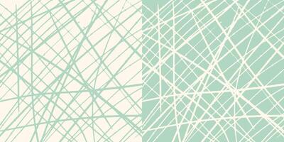 Set of two hand-drawn patterns, chaotic hatching on beige and green background. Pastel colors, pencil lines, sketch. vector