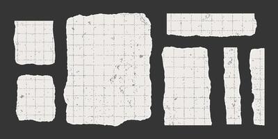 Set of torn rectangular sheets of aged checkered paper with jagged edges. Ripped elements of different shapes with gritty vintage texture. Empty space for text, banner template. vector