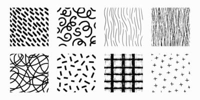 Set of hand drawn patterns with different pencil textures. scribbles, crosshatch, swirls and spirals, stripes, organic shapes. Black ink cute squares isolated on white background. vector