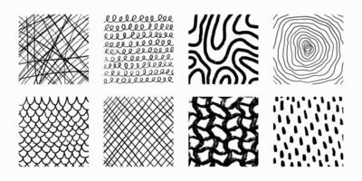 Set of hand drawn patterns with different pencil textures. scribbles, crosshatch, swirls and spirals, stripes, organic shapes. Black ink doodle isolated on white background. vector