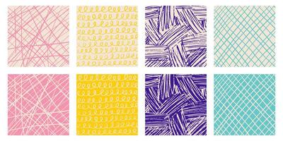 A set of colorful hand-drawn patterns with different pencil textures. scribbles, crosshatch, stripes, organic shapes, bright pastel colors. vector