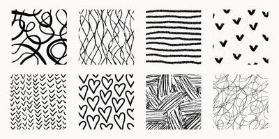 Set of hand drawn patterns with different pencil textures. scribbles, crosshatch, swirls and spirals, stripes, organic shapes. Black ink grunge squares isolated on white background. vector