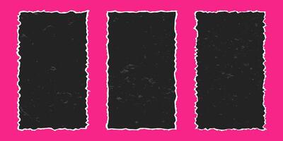 Set of vertical black rectangular frames made of torn paper with vintage gritty texture, elements with jagged edges isolated on pink background. Old ripped paper. vector