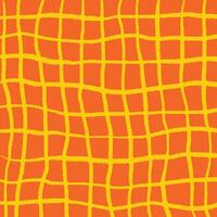 Hand drawn pencil checkered pattern, orange and yellow. scribbles, stripes, crosshatch bright retro colors. Doodle square shapes, textured lines. vector