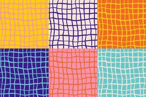 Set of colorful hand drawn checkered patterns with pencil. scribbles, stripes, crosshatch of bright retro colors. Doodle square figures. vector