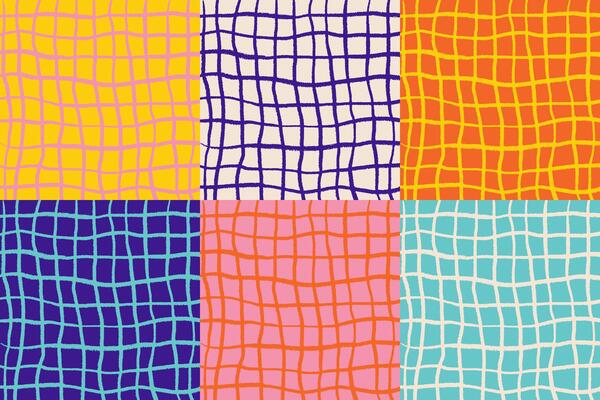 Set of colorful hand drawn checkered patterns with pencil. scribbles, stripes, crosshatch of bright retro colors. Doodle square figures.