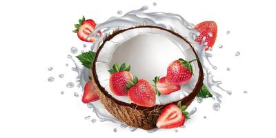 Coconut and strawberries and a splash of milk or yogurt. vector