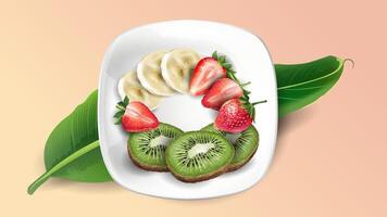 Sliced kiwi, strawberries and banana on a white plate. vector