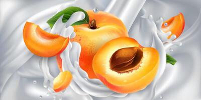 Apricots in a stream of milk or yogurt. vector