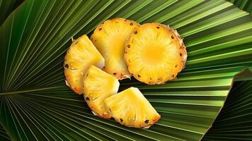 A set of slices of chopped pineapple on a leaf. vector