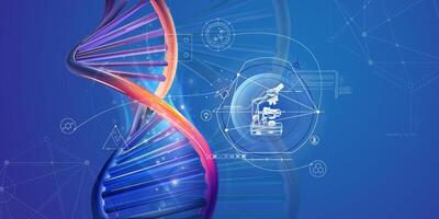 DNA double helix and infographics with microscope. vector