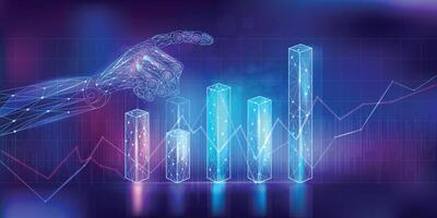 Abstract financial infographics with polygonal graphic charts and a robot hand. vector