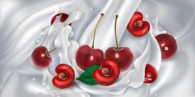 Cherries in a stream of milk or yogurt. vector