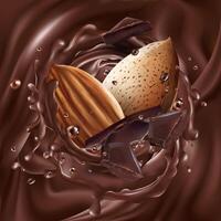 Almonds with chocolate pieces in liquid chocolate. vector