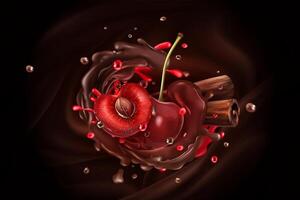 Cherry berries and cinnamon sticks on a chocolate background. vector