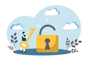 The man opened the lock with a key. The key to solving a complex problem. The key to success vector