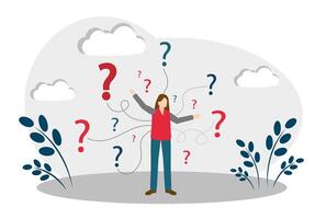 Woman and question marks. Incomprehension. Finding a solution to the problem vector