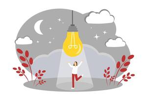 A woman and a light bulb. Good idea. Concept of solving the problem vector