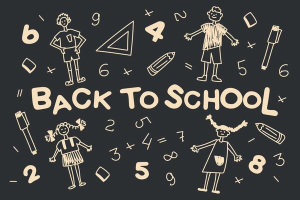 An illustration with school blackboard in doodle stile with children on a background. Funny girls with pigtails and red-haired boys.