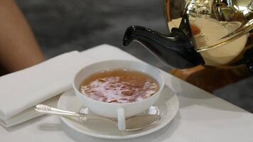 close up view of white ceramic cup while pouring fresh brew english black tea which served on table for afternoon tea drink in relaxation time video