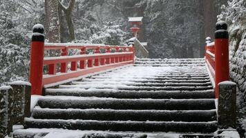 natural landscape view of red bridge in japanese architecture design among japanese garden park of Kyoto and snow falling video