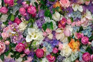 Flowers background. Roses and lilies. Space for text photo