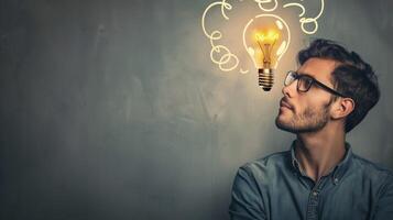 a man with glasses and a light bulb above his head photo