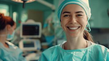 a woman in a surgical gown smiling at the camera photo