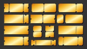 Set of golden ticket template. Ideal for concerts, parties, or festivals. Isolated ticket design on a gray background. vector