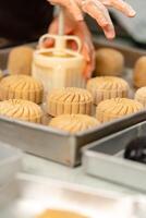Mooncake making process. A mooncake is a Chinese bakery product traditionally eaten during the Mid Autumn Festival. photo