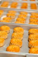 Mooncake making process. A mooncake is a Chinese bakery product traditionally eaten during the Mid Autumn Festival. photo