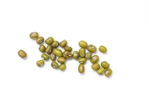 Top view of green mung beans on white background, mung beans seeds photo